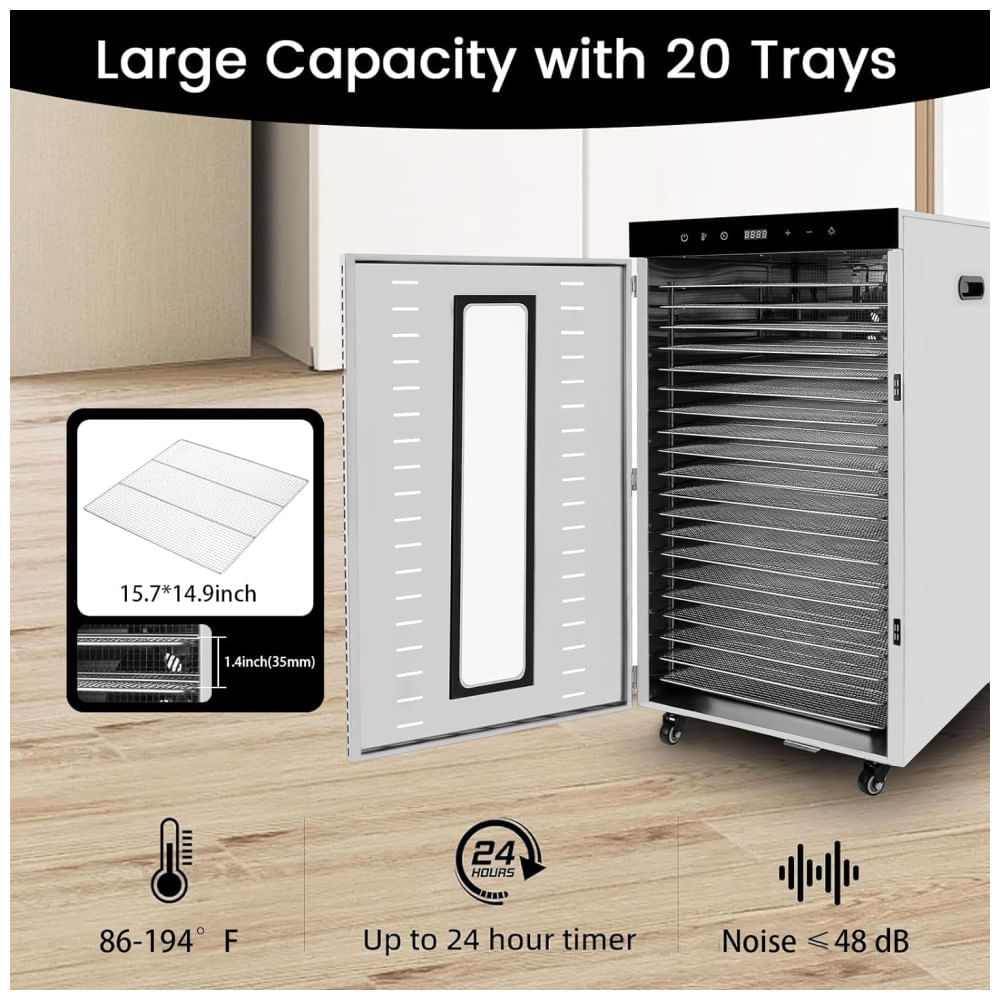 Desidratador de Alimentos Profissional com 20 Bandejas em Aço Inoxidável, Temporizador 24H e Controle de Temperatura, 1...