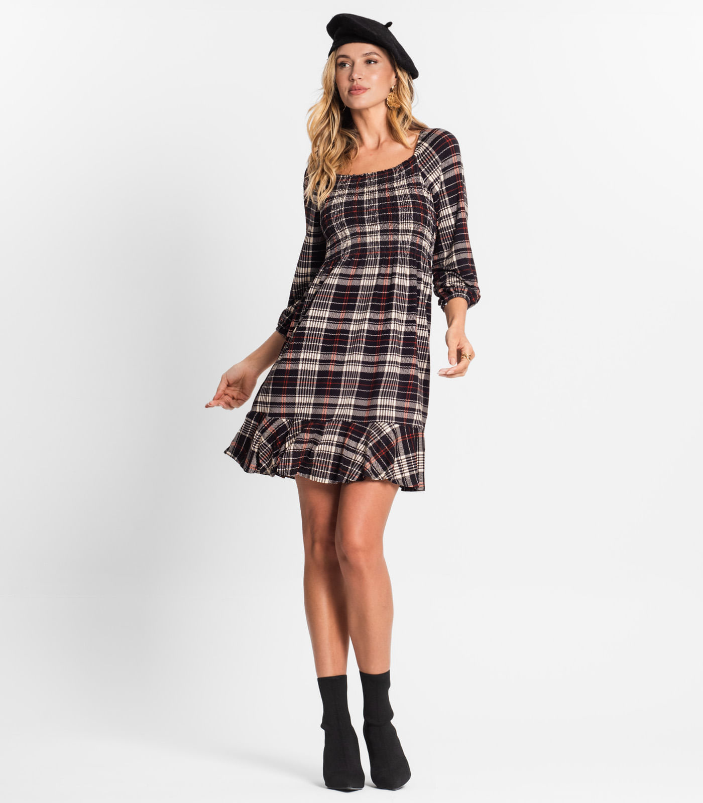 Miniatura Vestido Xadrez Feminino Mangas 3/4 Endless Preto G