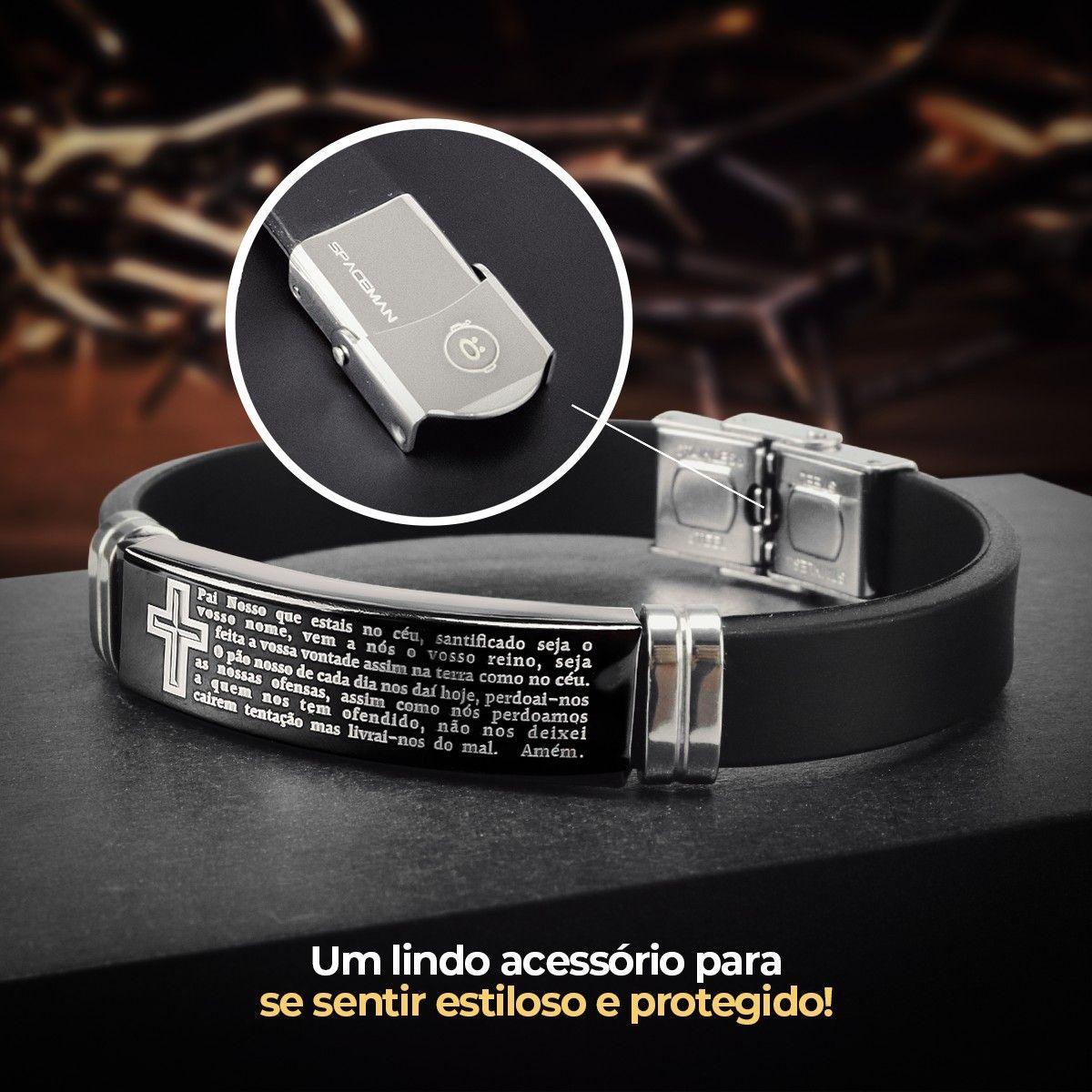 Relógio Aço Inox Preto Masculino + Pulseira Pai Nosso +