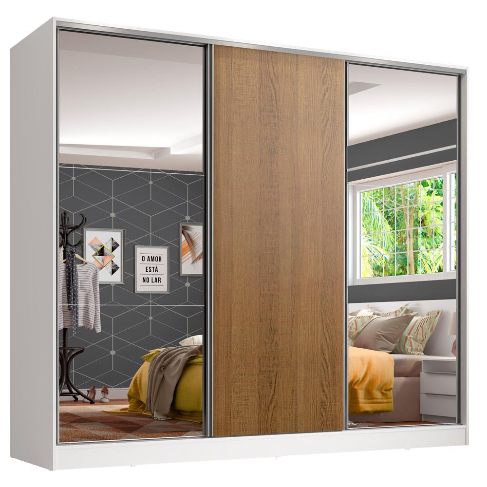 Guarda Roupa Juvenil 100% MDF Madesa Kevin 3 Portas de Correr com Espelhos - Branco/Rustic Branco/Rustic