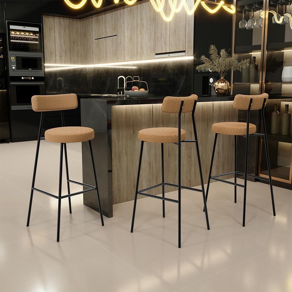 Banqueta Alta Bar Cozinha Sala De Jantar Estrutura Em Aço Milão L02 Bouclê Mostarda