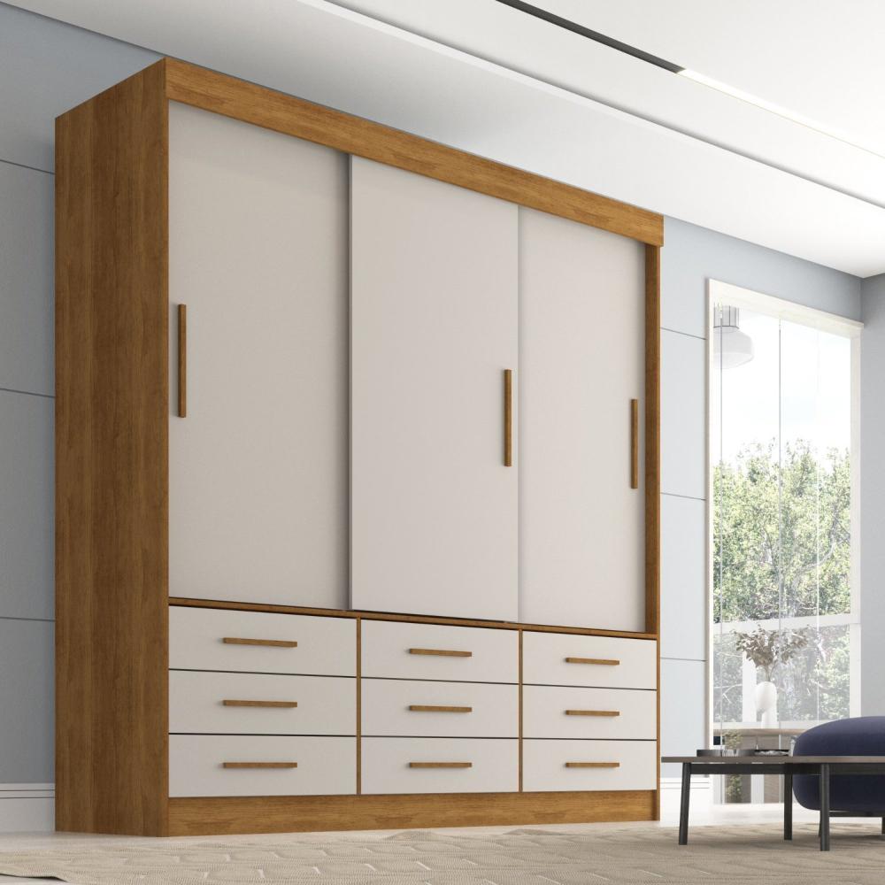 Miniatura Guarda Roupa Casal 3 Portas 9 Gavetas Luana Sallêto Móveis Cinamomo/Off White