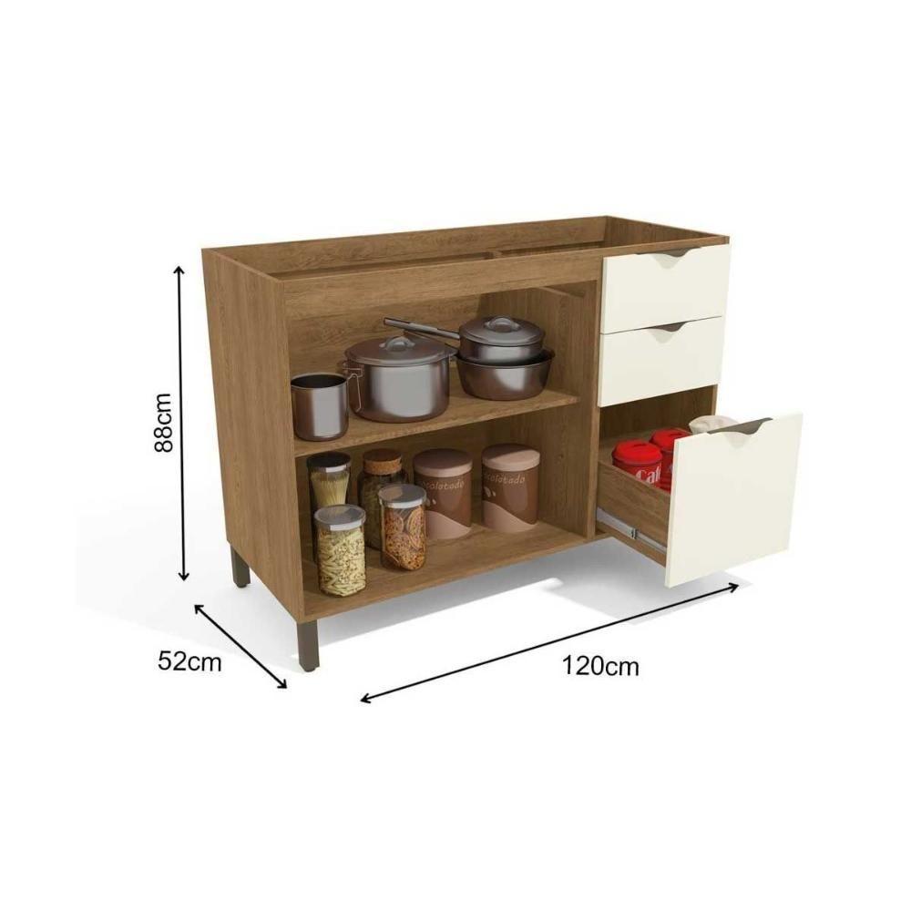 Miniatura Gabinete De Cozinha Modulado Balcão Lótus J725 3 Gavetas E 2 Portas C-tampo 120cm Freijo-off White-preto Brilho - Kappesberg