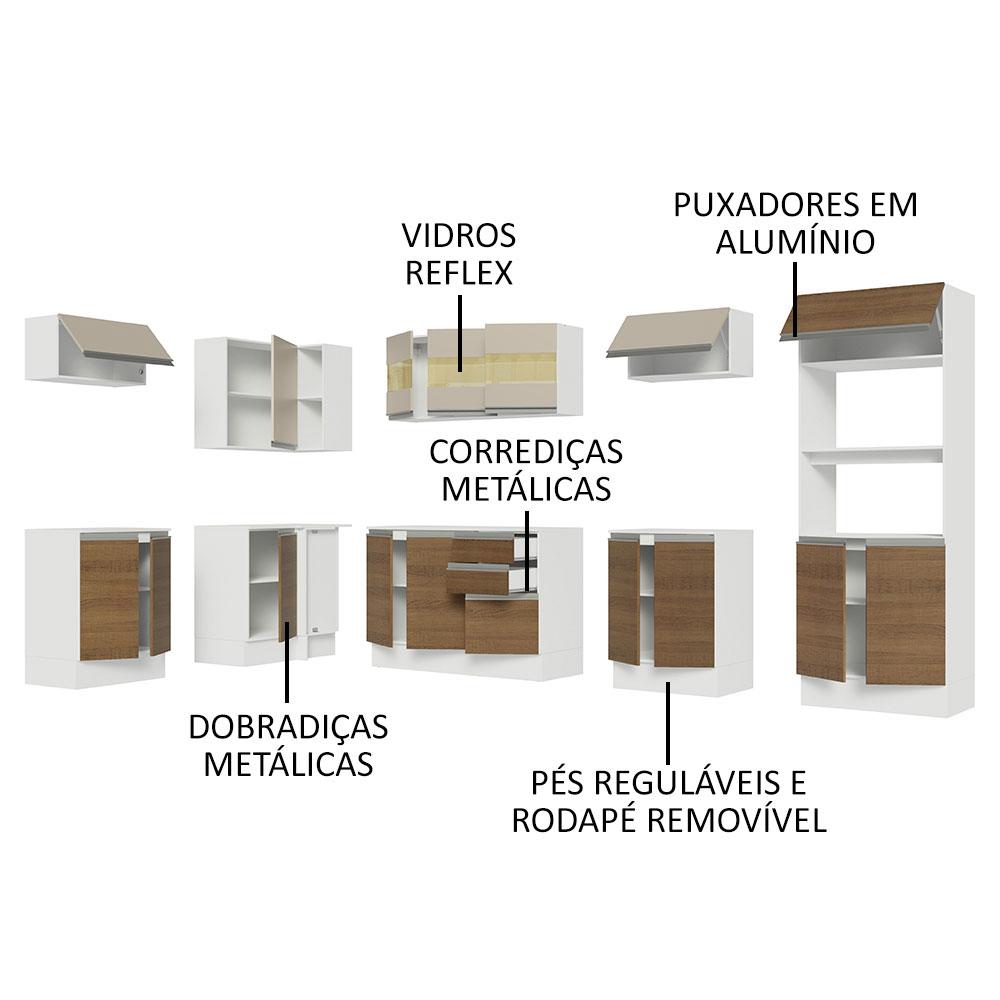 Miniatura Armário de Cozinha Completa de Canto 100% MDF 447cm Branco/Rustic/Crema Smart Madesa 02 Rustic/Branco/Crema
