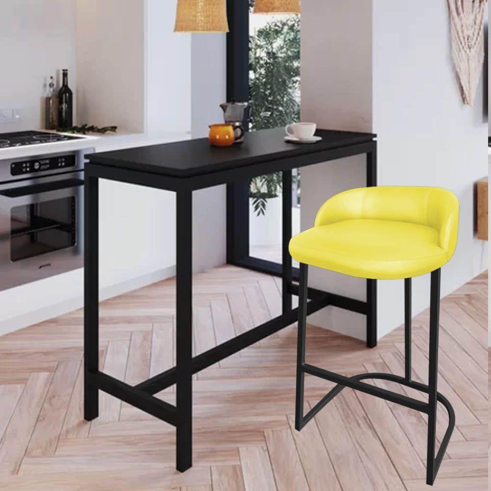 Miniatura Banqueta Betina Com Encosto Alta Cozinha Bar Balcão Ferro Preto Sintético Amarelo - Ahazzo Móveis