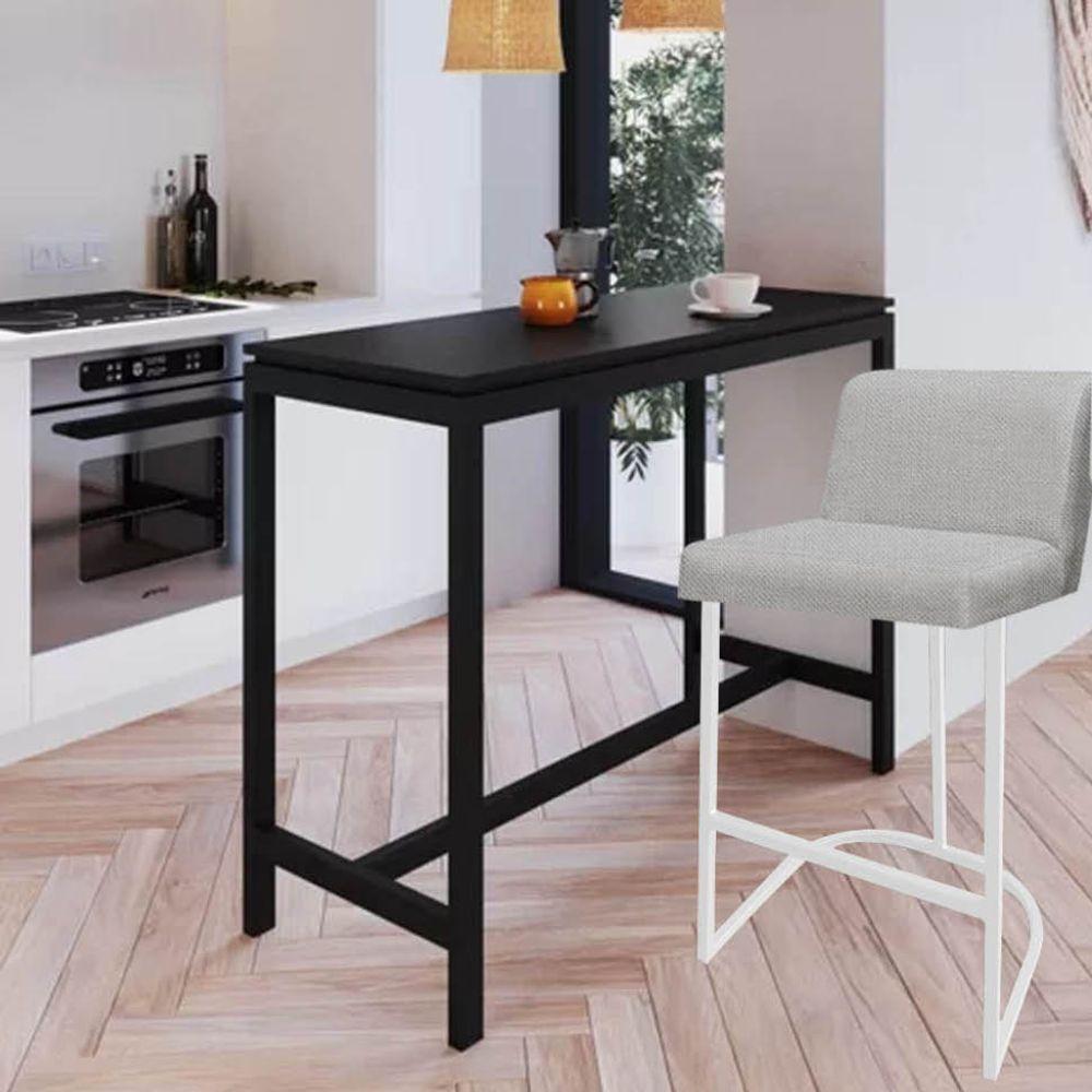 Miniatura Banqueta Com Encosto Noah Luxo Confort Bistrô Cozinha Ferro Branco Linho Bege