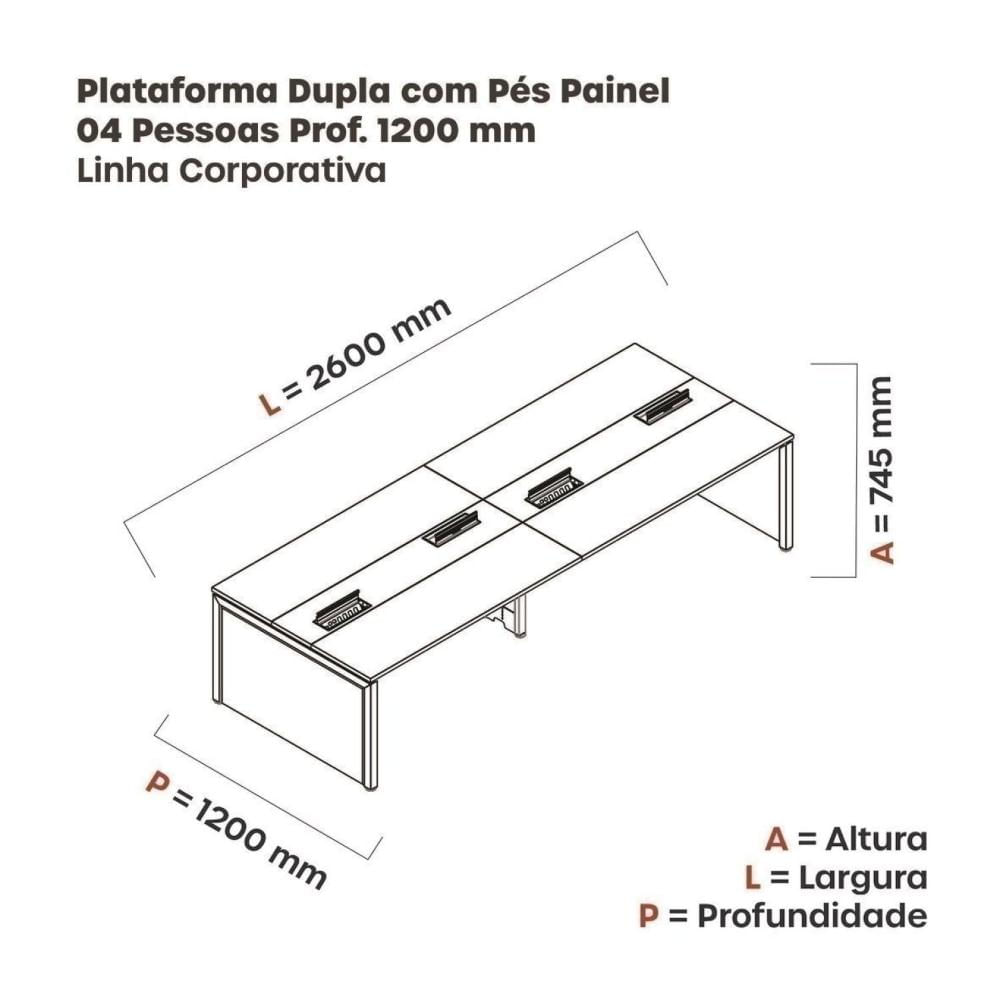 Miniatura Mesa Plataforma Dupla para 4 Lugares para Coworking 130x120/4p Preto/Cinza