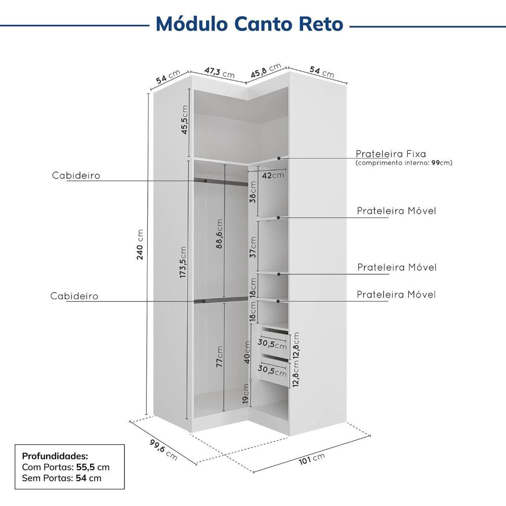 Guarda-roupa Modulado de Canto 11 Portas 7 Peças Hera Cabecasa Madeiramadeira Branco Geada/Preto