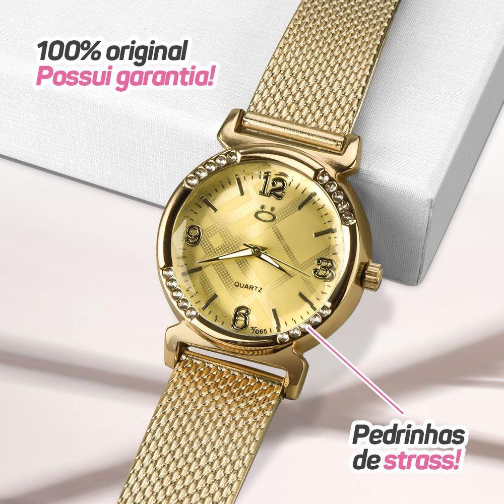 Relogio Feminino Dourado Aço + Colar Mãe Coração + Caixa Social Moda Casual Presente Silicone Strass
