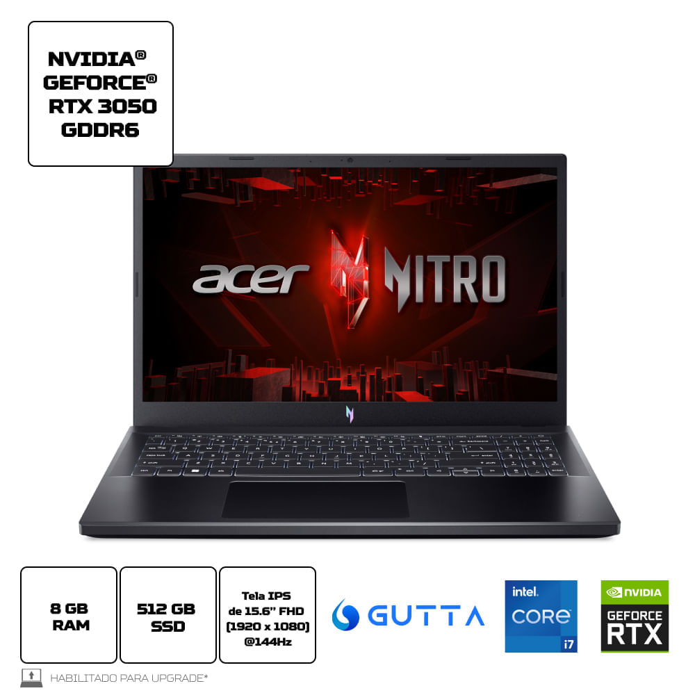 Miniatura Notebook Gamer Acer Nitro V15 Intel Core I7 13Gen 8GB 512GB SSD RTX3050 Linux Gutta 15.6" ANV15-51-7837