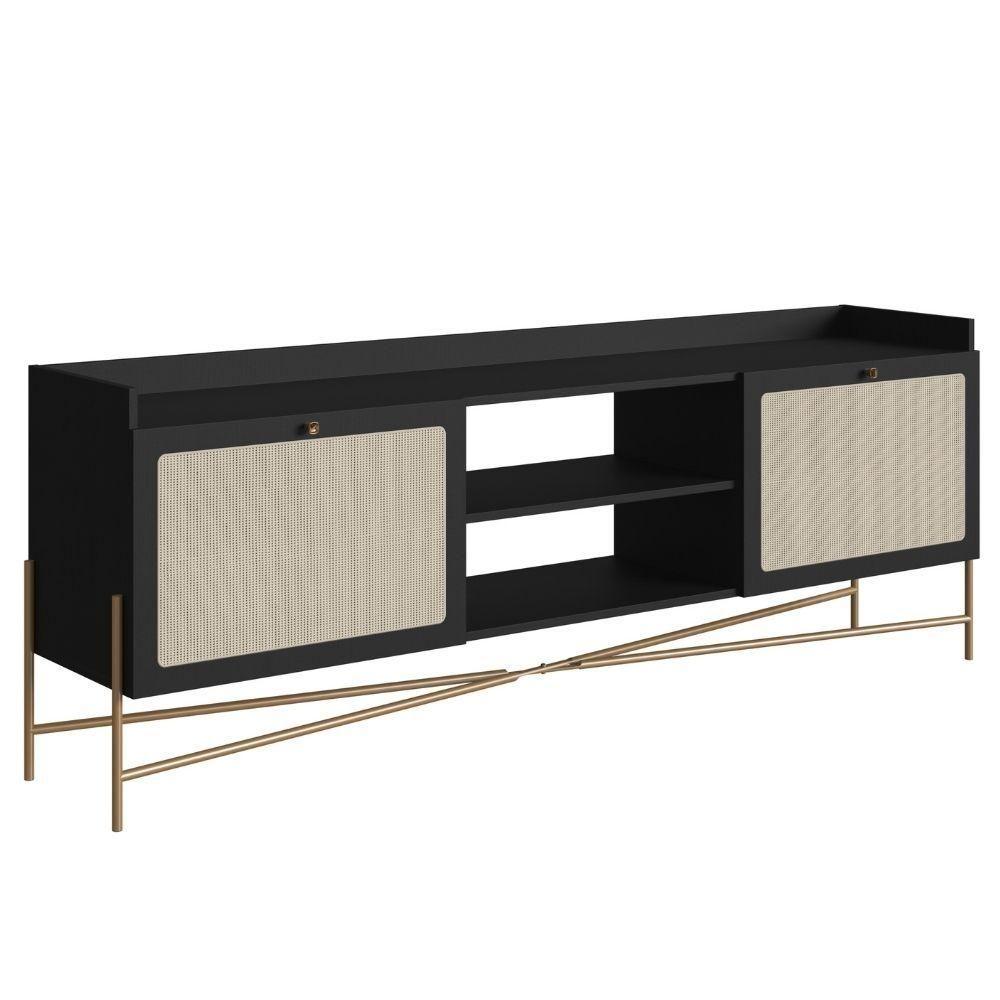 Miniatura Rack 2 Portas Oslo Artesano 183 Cm (largura) Mdp Nero Palha Sintética Bege Pé Metal Dourado