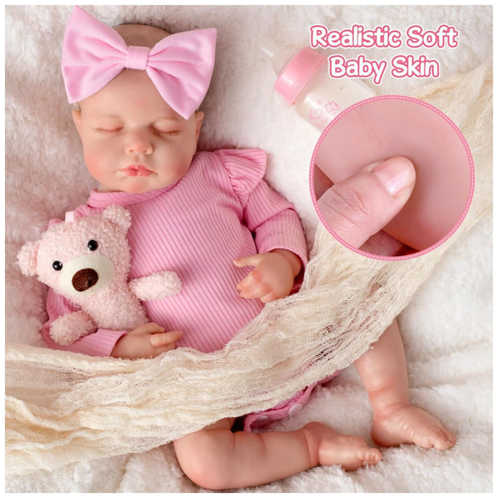 Bebê Recém-Nascido Newborn, Boneca Bebê Reborn Realista de 45 cm Menina com Corpo de Pano e Kit de Alimentação, SPICIMOMO