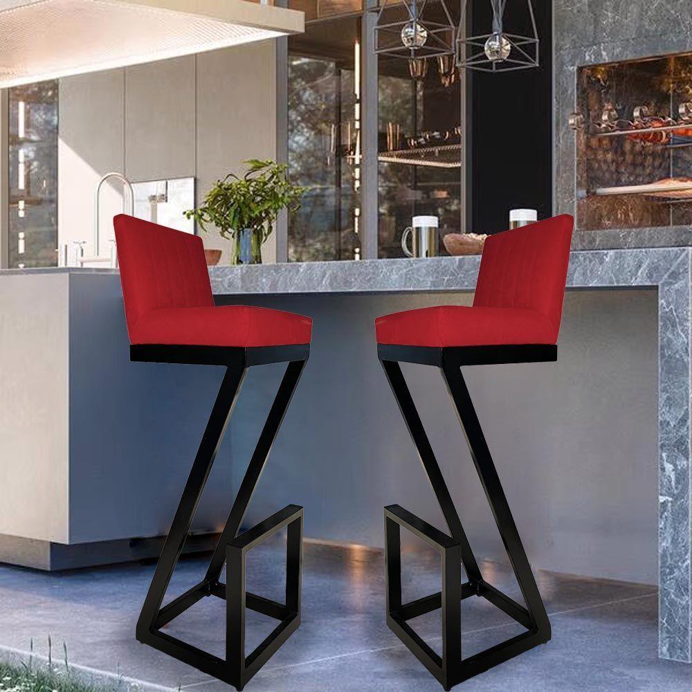 Miniatura Banqueta Alta Z Base De Ferro Suede Vermelho D'classe Decor