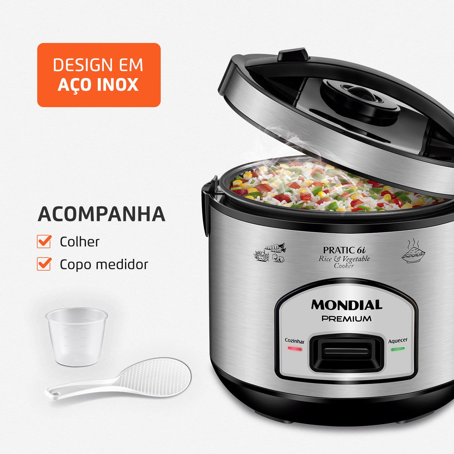 Panela Elétrica Mondial Pratic 6I PE-43-6X PANELA ELÉTRICA DE ARROZ-127V-PRETO/INOX