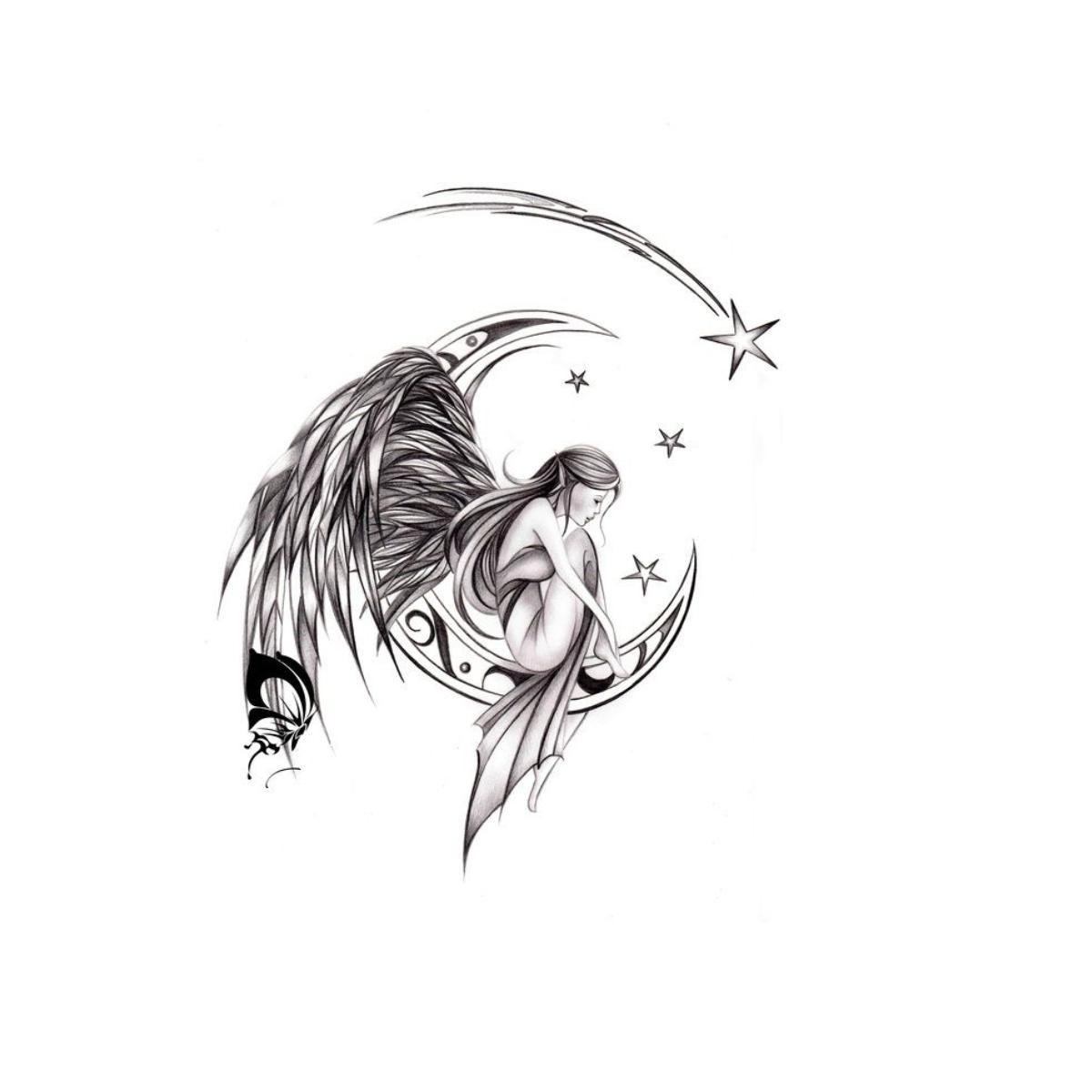 Miniatura Tatuagem Meia Lua Anjo E Estrelas Universo