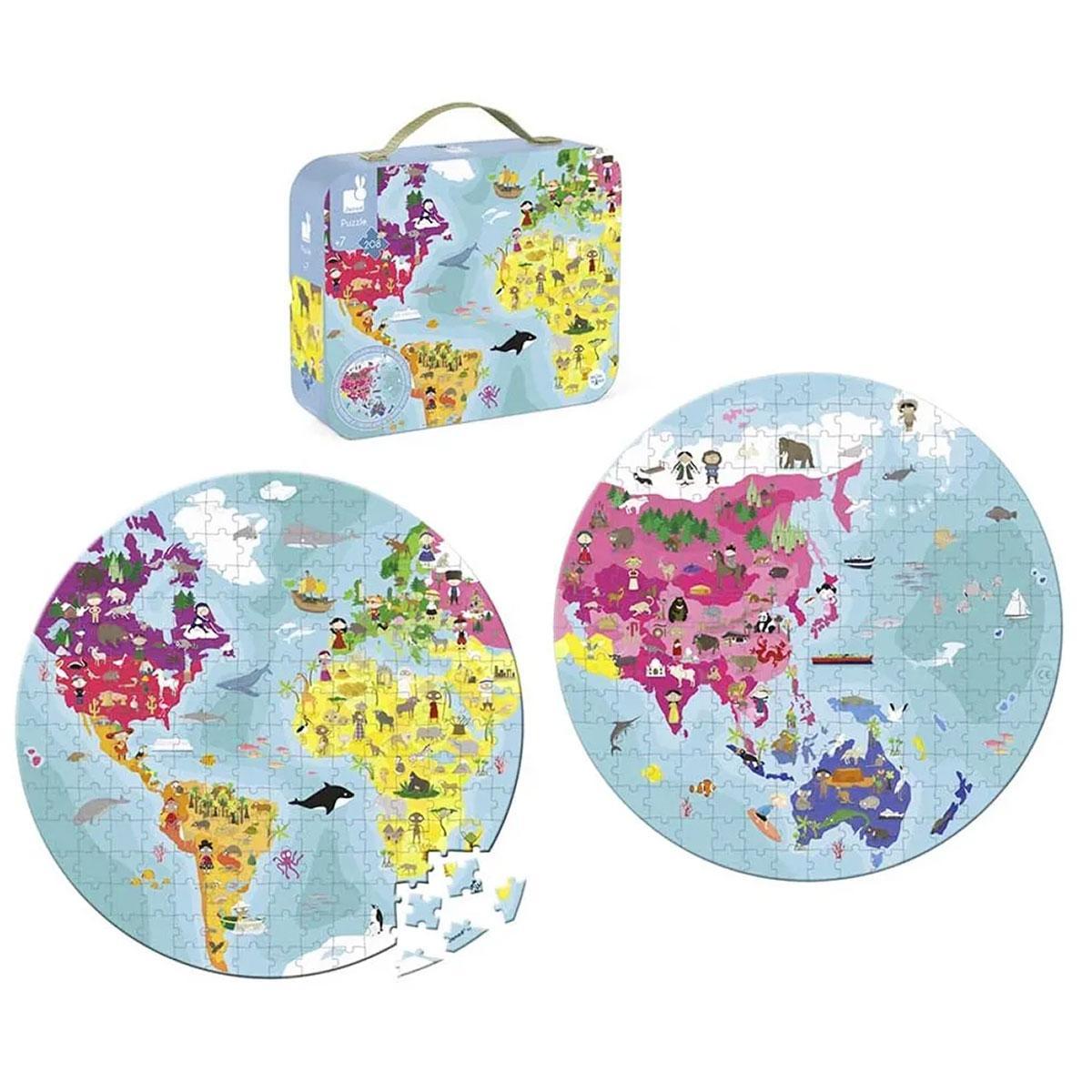 Miniatura Quebra-cabeça Mapa Mundi Dupla Face 208 peças Madeira Janod
