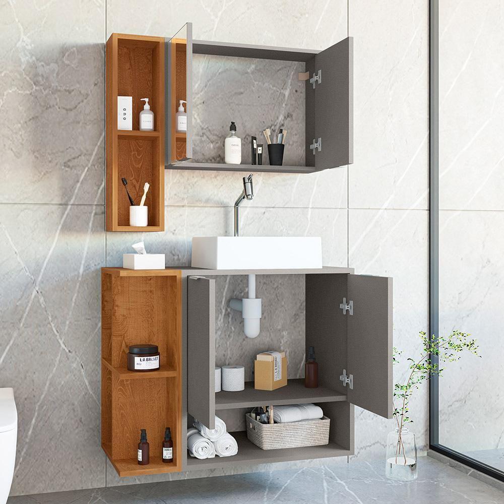 Gabinete Banheiro Star Com Cuba Dalla E Valvula Click Black Titanium-naturale Titanium-naturale