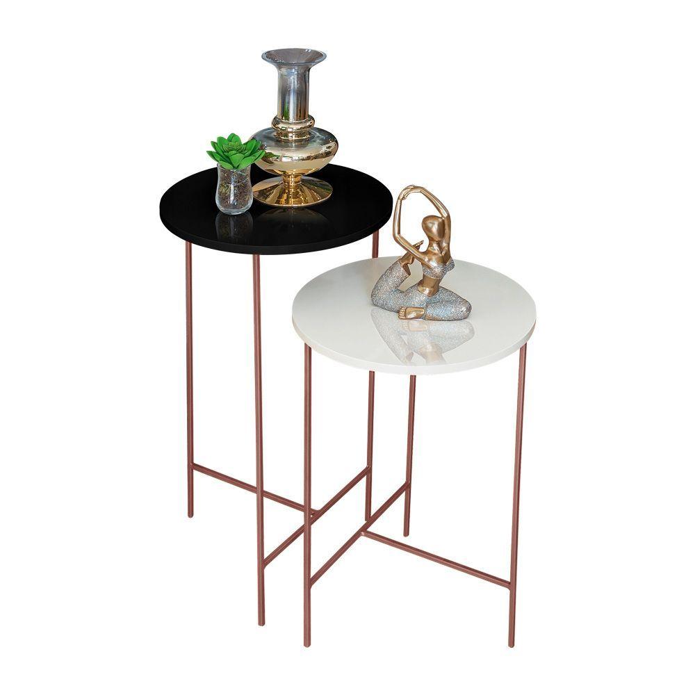 Miniatura Jogo Com 2 Mesas De Canto Redonda Para Sala De Estar Tampo Preto E Off White Base Rosê Gold - Preto