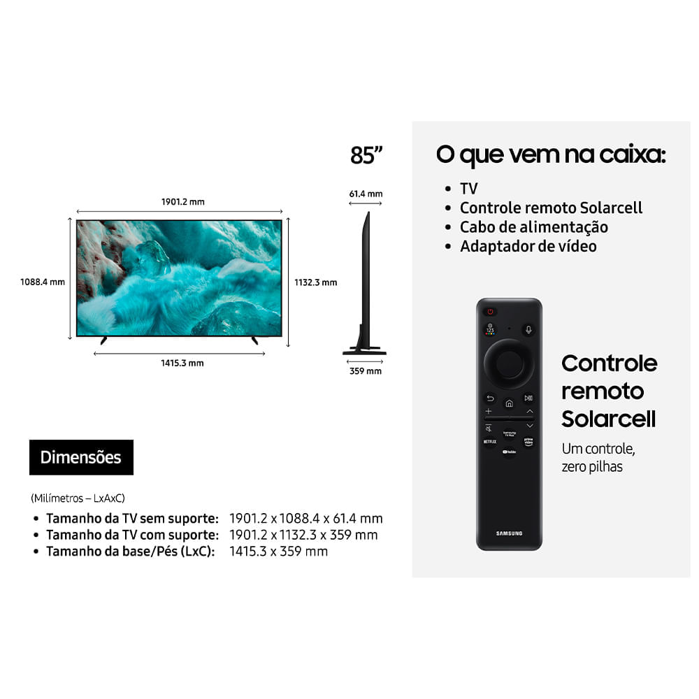 Smart TV Samsung 85" Polegadas QLED 4K Q7F 2025, Processador com AI e Alexa Integrada Bivolt