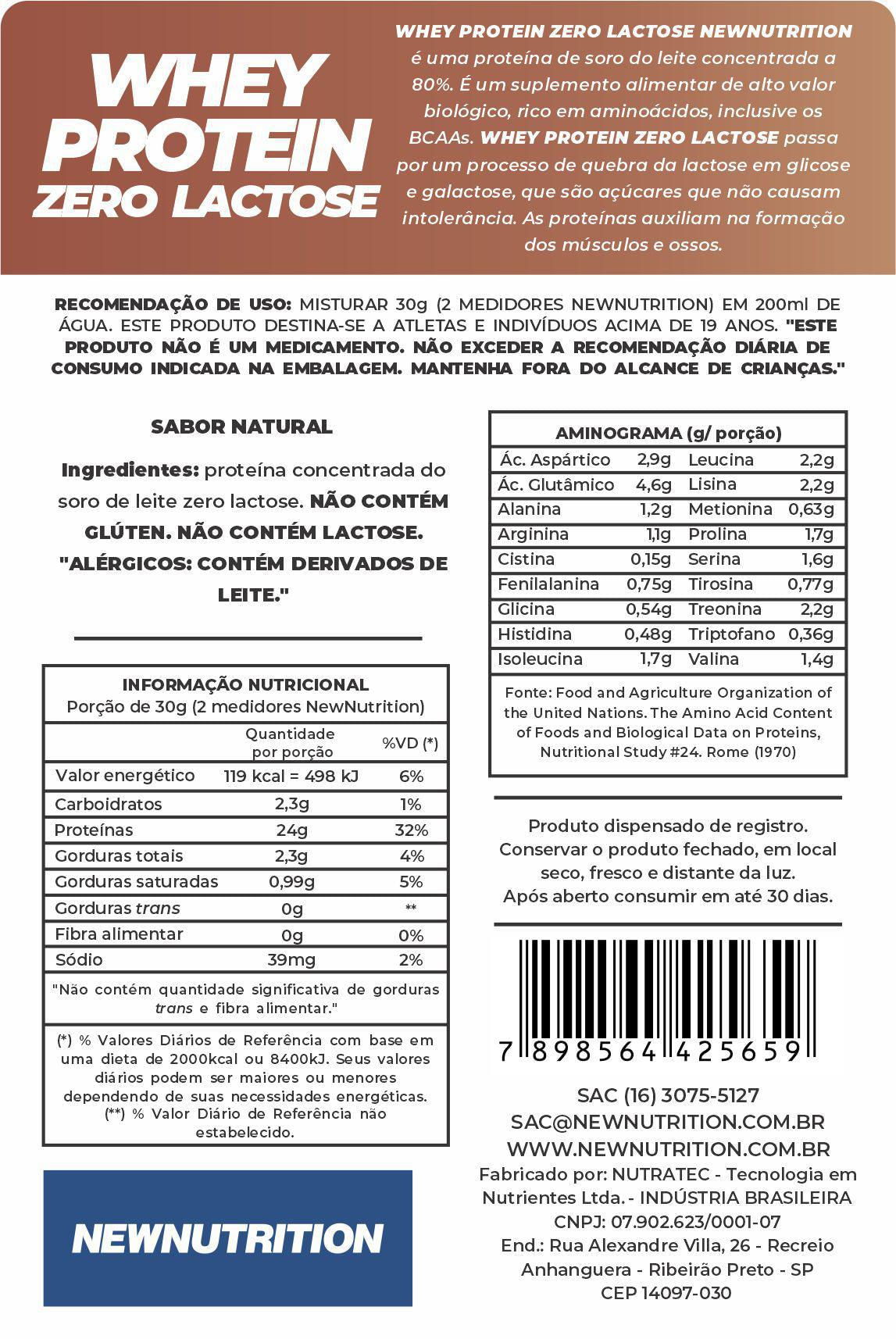 Miniatura Whey Protein Zero Lactose Natural 900G Newnutrition
