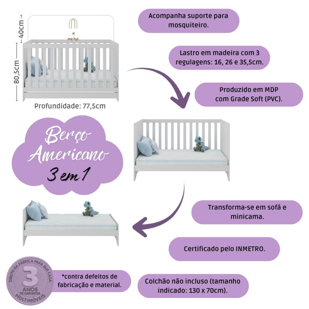 Berço Americano 3 em 1 com Cômoda 2 Portas 4 Gavetas Encanto Multimóveis MP4691 Branco