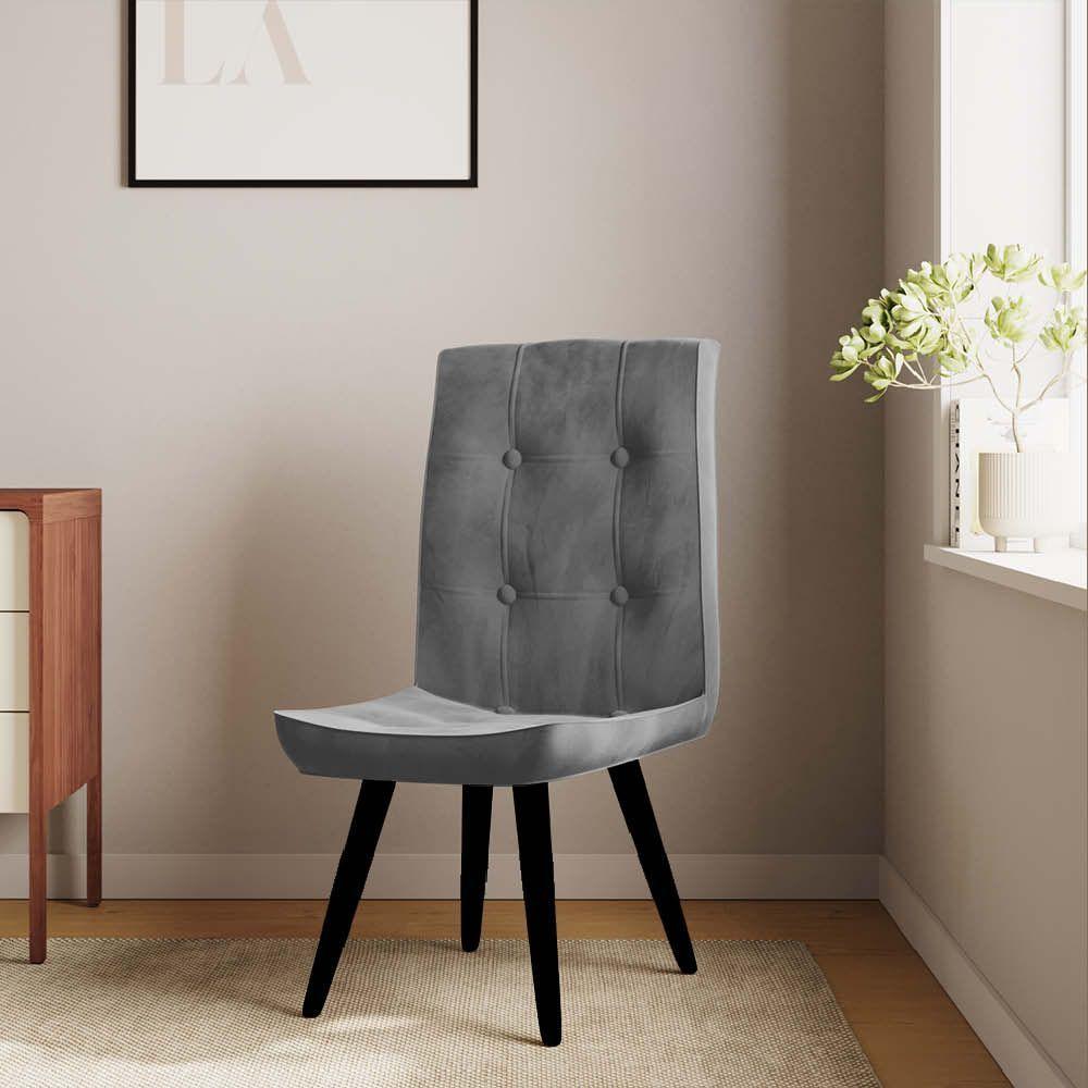 Miniatura Cadeira De Jantar Drop Com Botão Base Pé Palito Preto Suede Cinza - Amey Decor
