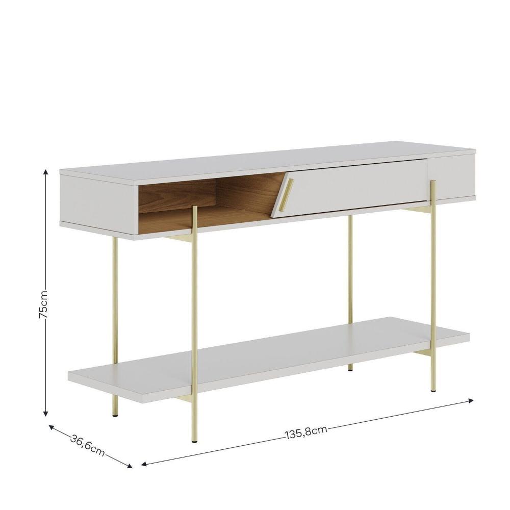 Miniatura Aparador Divisor de Ambientes 136cm 1 Porta Basculante e Pés em Metal Sena Off White Matte / Freijó