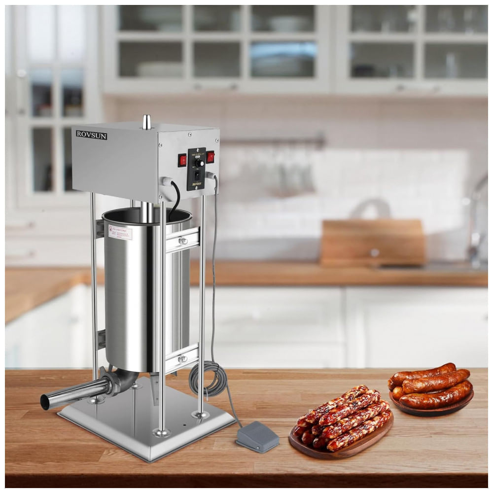 Miniatura Máquina de Encher Linguiça Elétrica ROVSUN 24,3 libras, Modeladora Vertical Ajustável de Aço Inoxidável Pesado, Enchedor de Carne com 5 Tubos