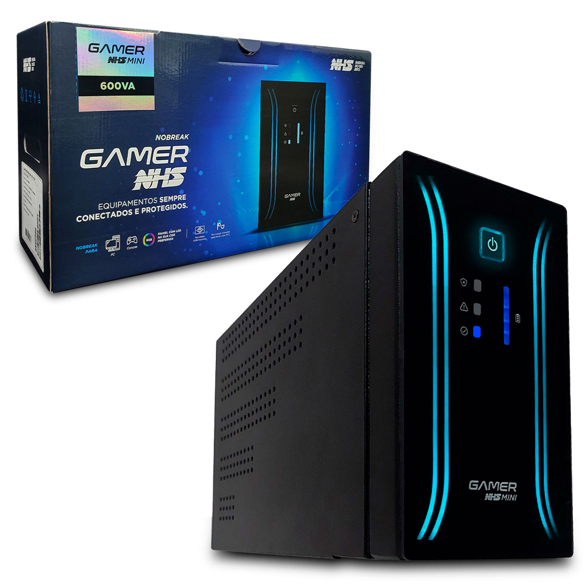 Nobreak Gamer NHS Mini Senoidal, 600VA, Ent. Bivolt, Saída 120V, 6 Tomadas, RJ-45/USB - 91.G0.006000