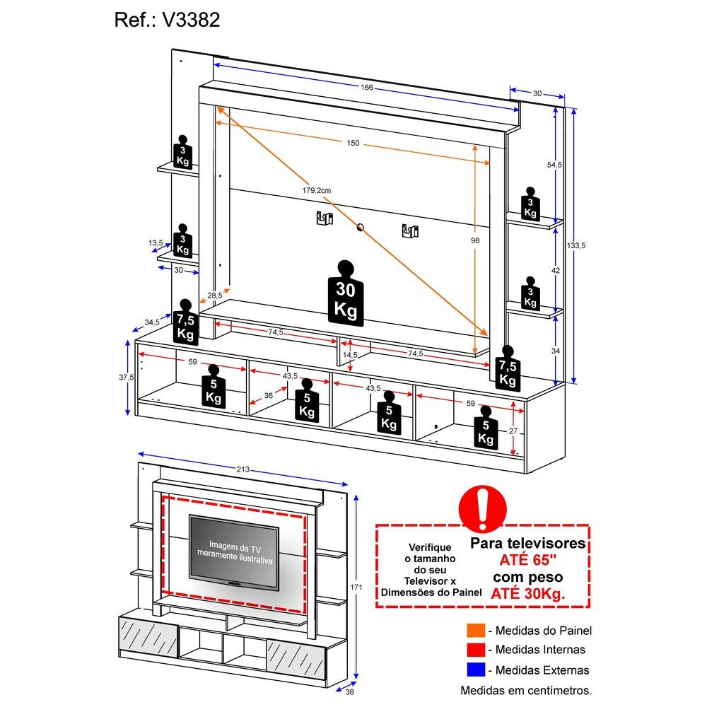 Miniatura Estante com Suporte TV 65" Portas c/ Espelho Oslo Multimóveis V3382 Branco