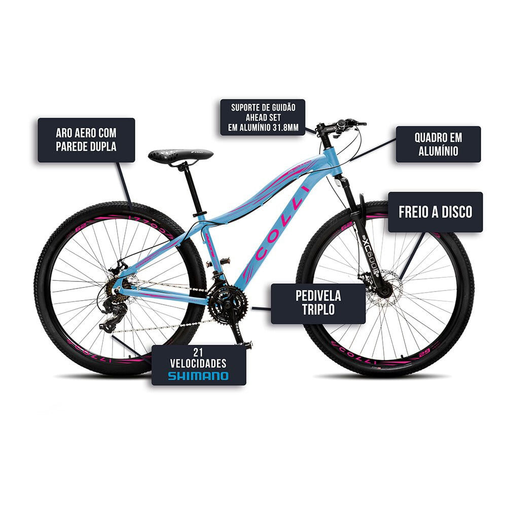 Miniatura Bicicleta Colli Eudora Aro 29 Freio a Disco Quadro 15,5 Azul Champanhe com Rosa Neon