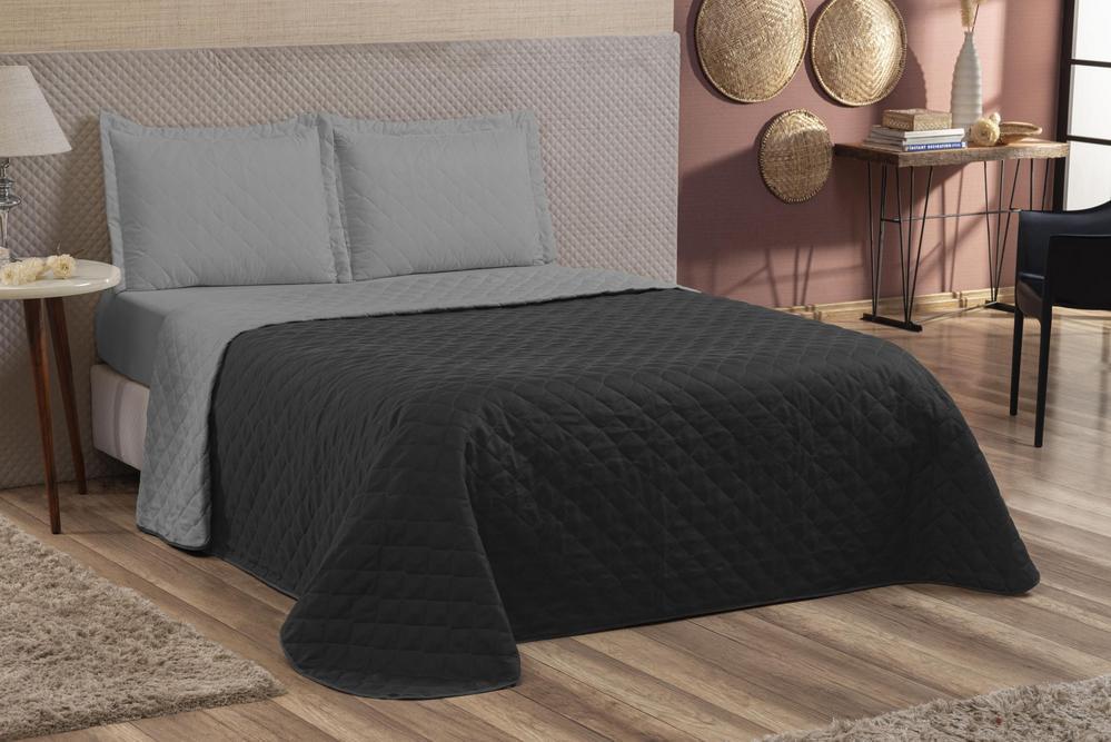 Miniatura Colcha Preta/Cinza 4 Peças Casal Queen + Fronhas Dupla Face