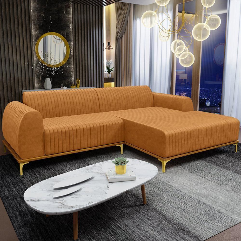 Sofá 5 Lugares Chaise Direito Sala Molino 300cm D02 Pés D\'ouro Couríssimo Whisky B-90