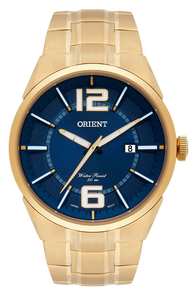 Miniatura Relógio Masculino Dourado Orient Fundo Azul