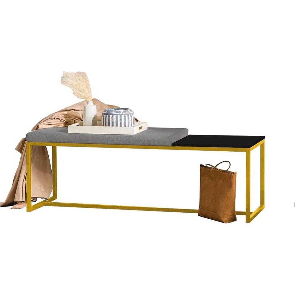 Miniatura Banco Recamier Puff 160cm Industrial Dourado Suede Cinza Tampo Quadrado Mdf Preto