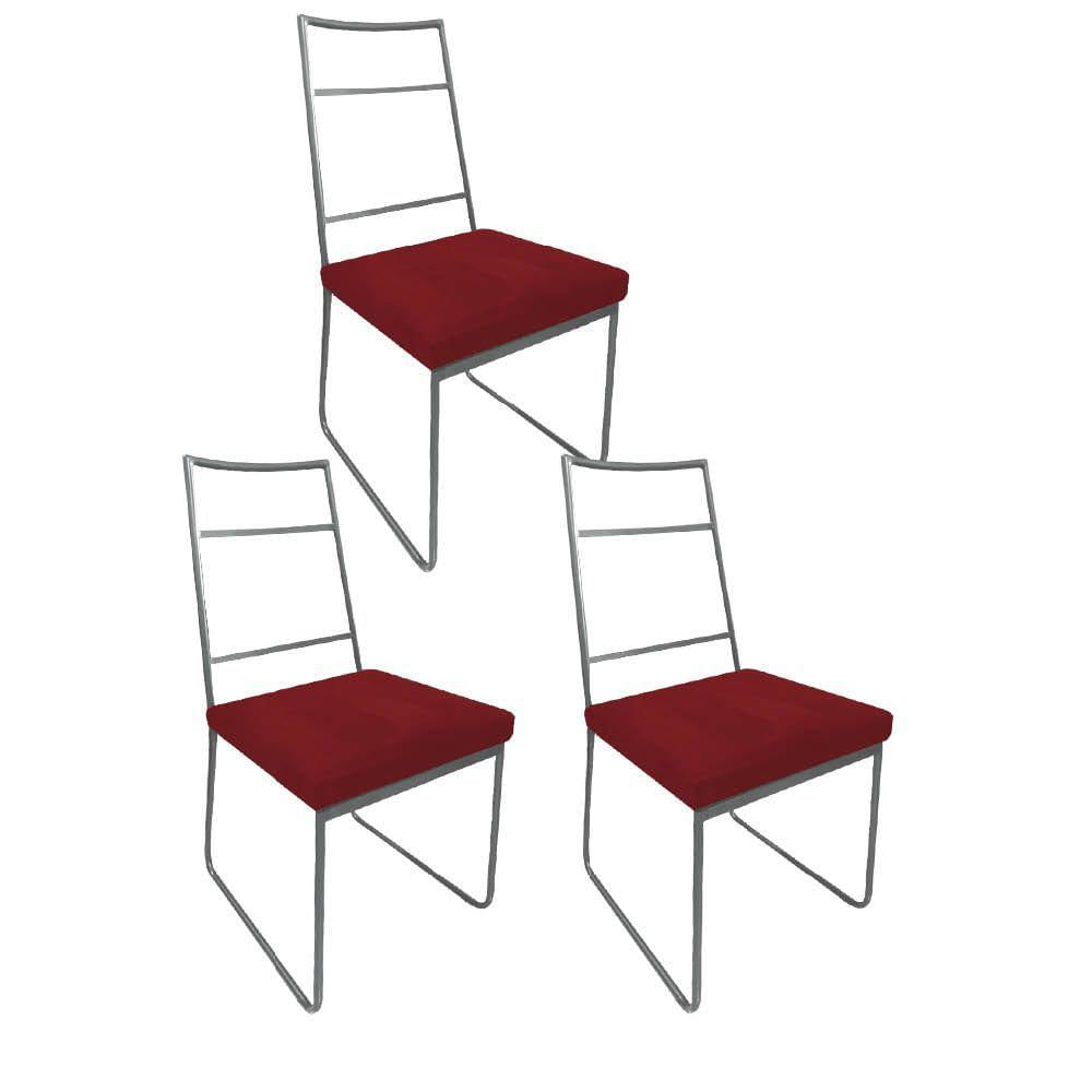Miniatura Kit 03 Cadeiras Sala De Jantar Stark Ferro Prata Sintético Vermelho - Amey Decor