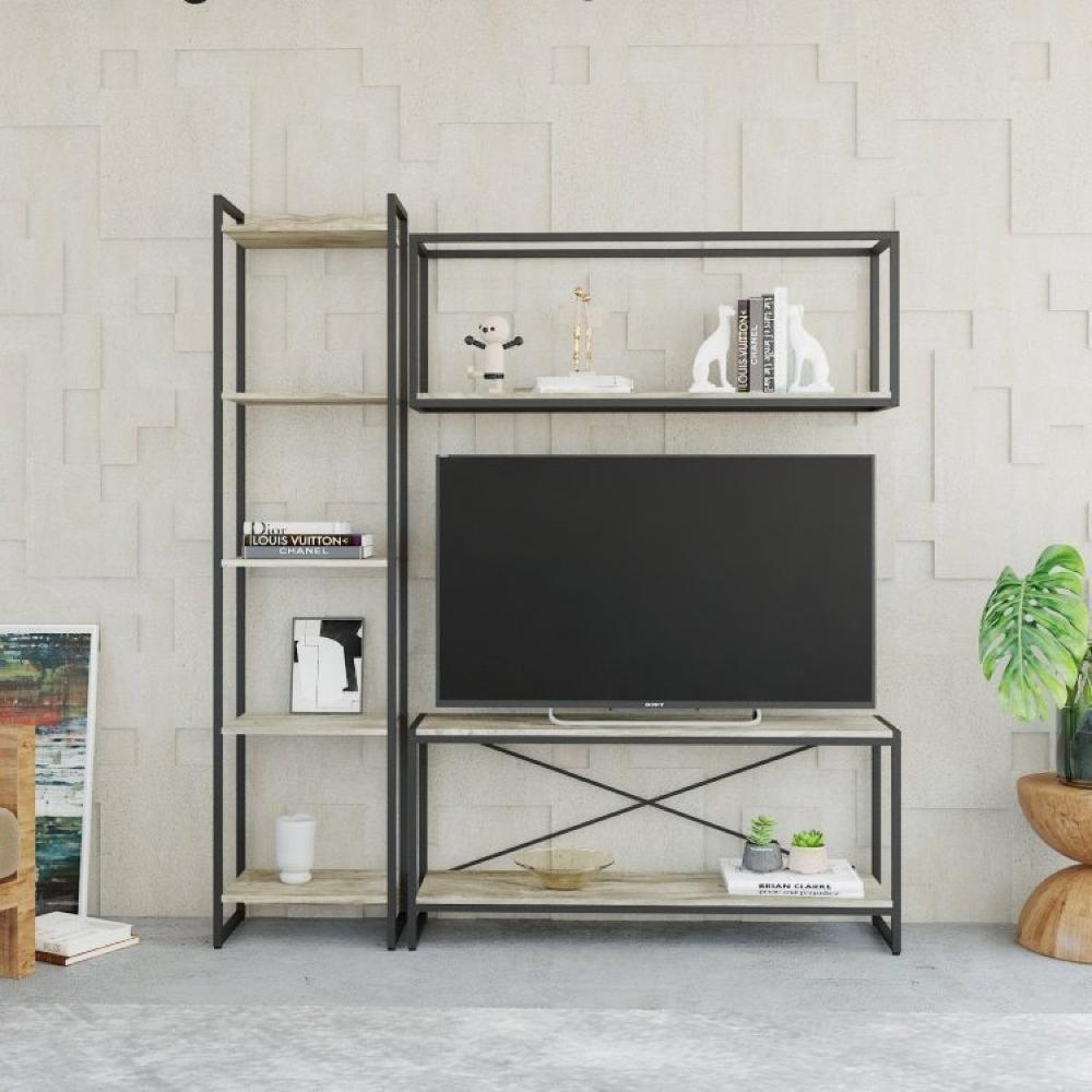 Miniatura Conjunto Rack para TV até 50 Polegadas 1 Nicho Aéreo 1 Estante Estilo Industrial Active Yescasa Carvalho