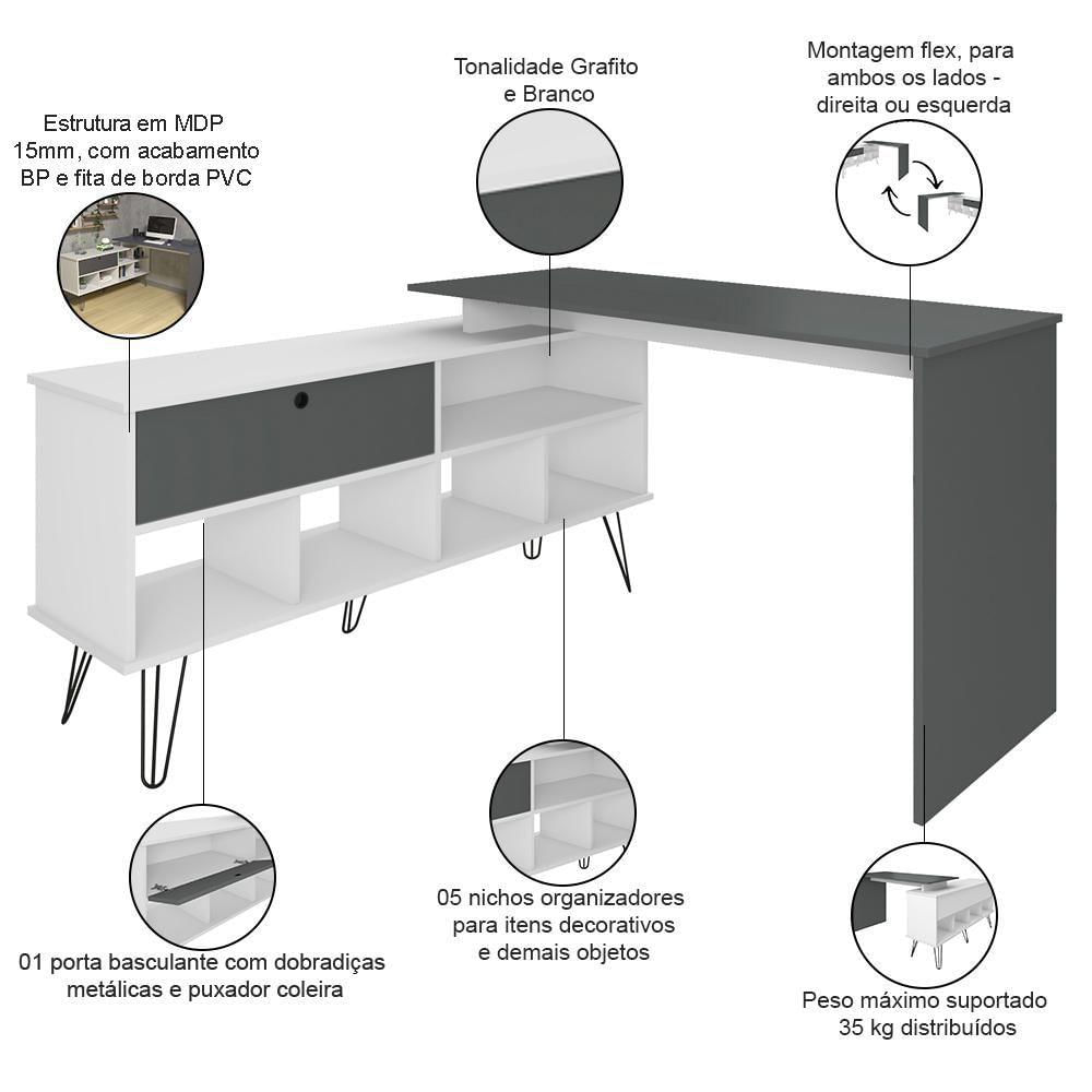 Miniatura Mesa Para Escritório Escrivaninha Em L Home Office Kalil A02 Branco Grafito - Lyam Decor