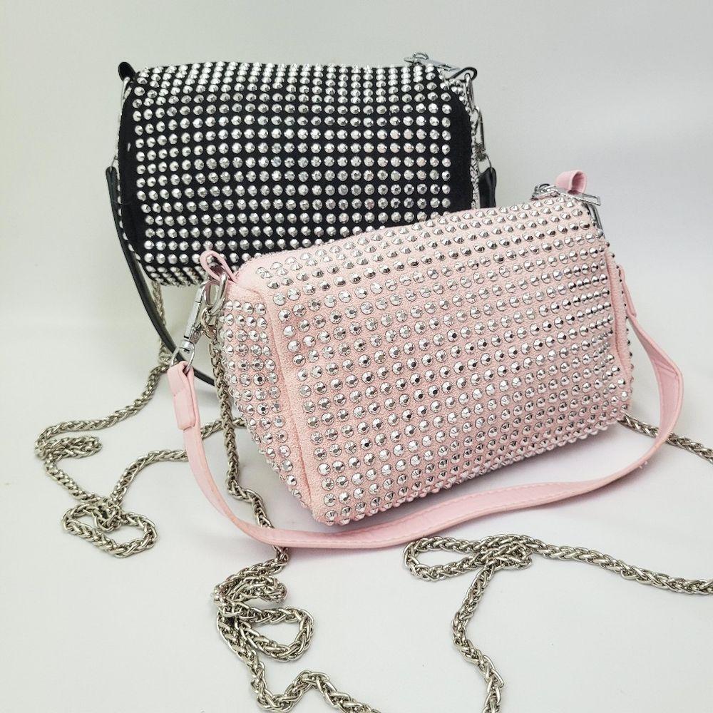 Bolsa Feminina Transversal Pequena Strass Brilho Alça De Corrente Festa Casamento Balada rosa