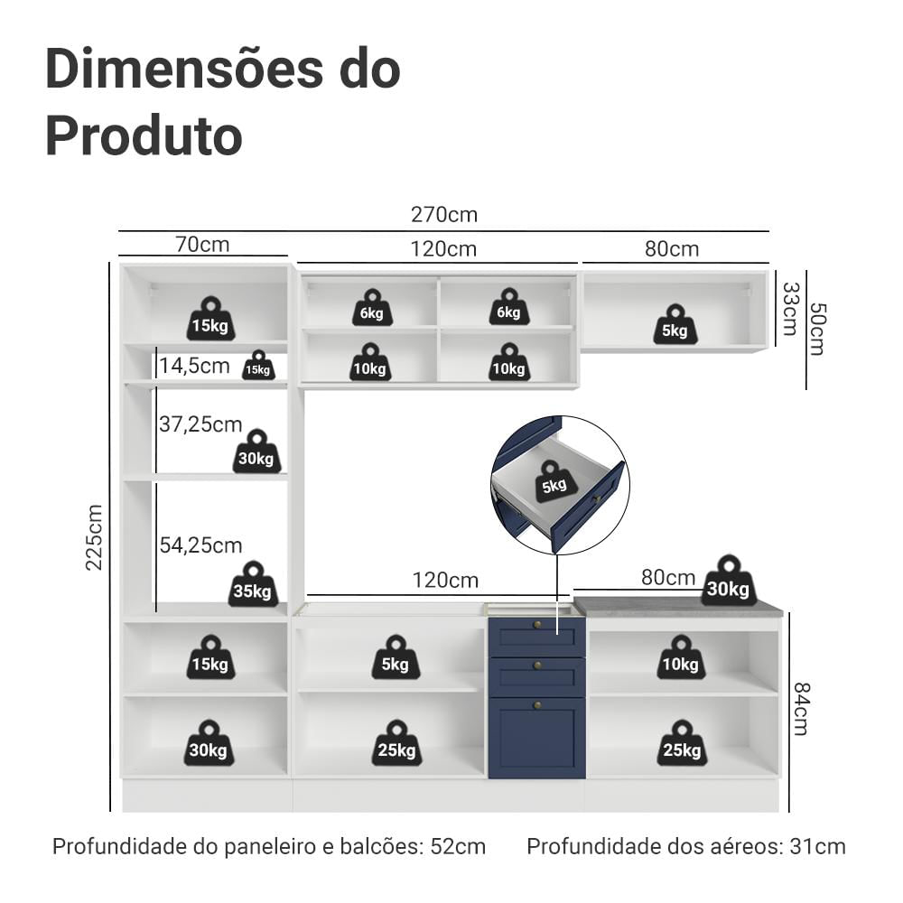 Armário de Cozinha Completa 270 cm Branco/Azul Vik Madesa 02 Branco/Azul