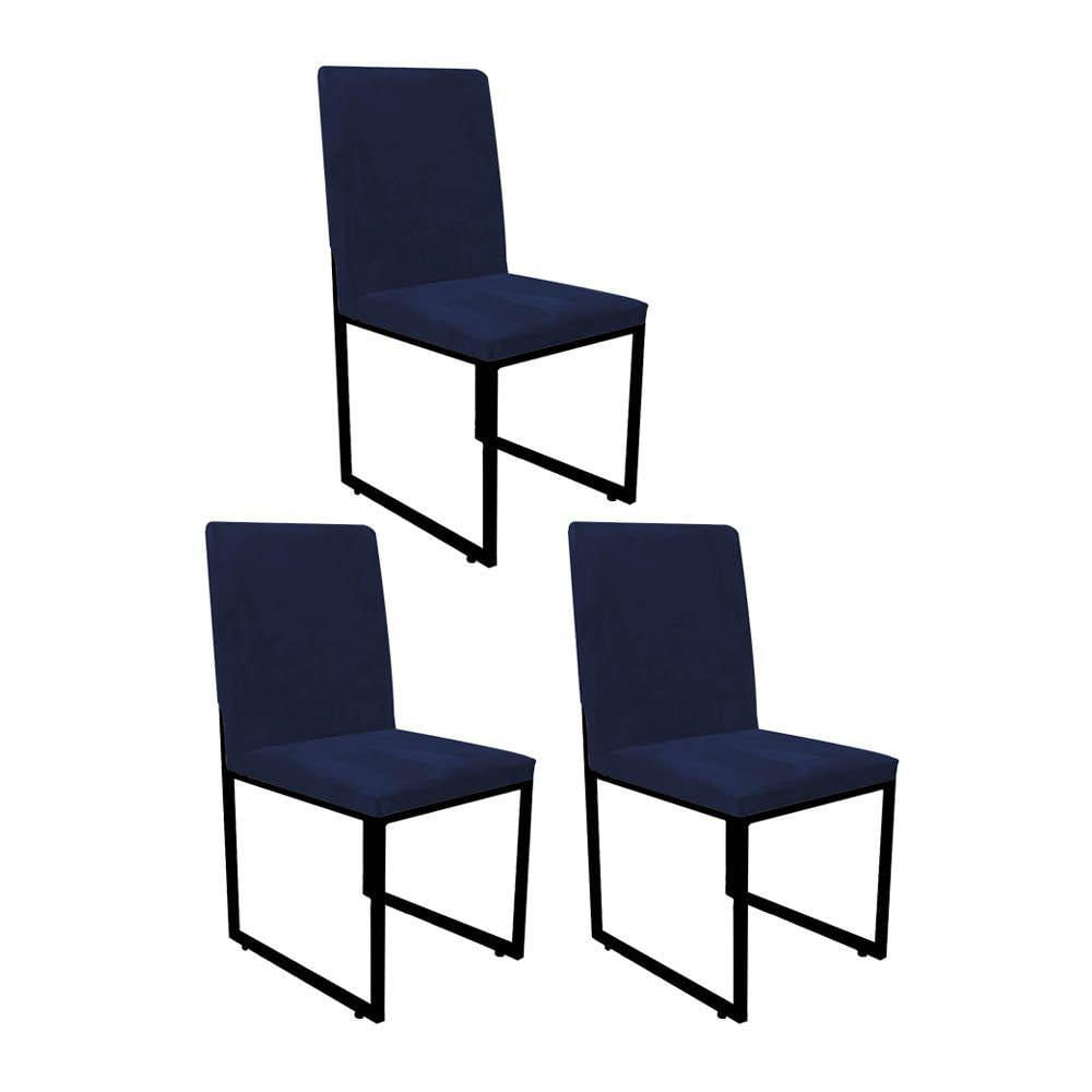 Miniatura Kit 03 Cadeira De Jantar Office Sttan Sala Ferro Preto Corino Azul Marinho - Ahazzo Móveis