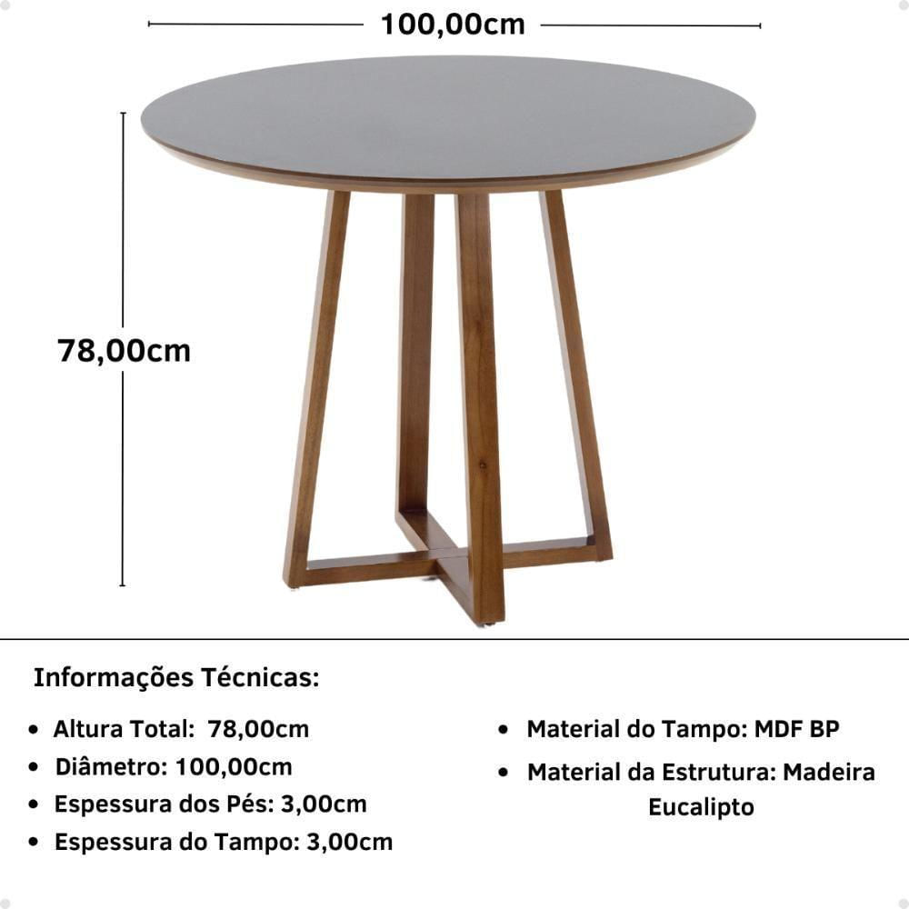 Miniatura Conjunto Mesa De Jantar Redonda Preta Lara Premium 100cm Com 4 Cadeiras Estofadas Isabela - Cinza