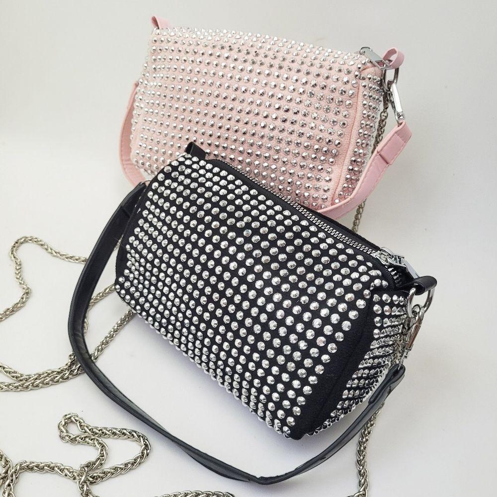 Bolsa Feminina Transversal Pequena Strass Brilho Alça De Corrente Festa Casamento Balada rosa