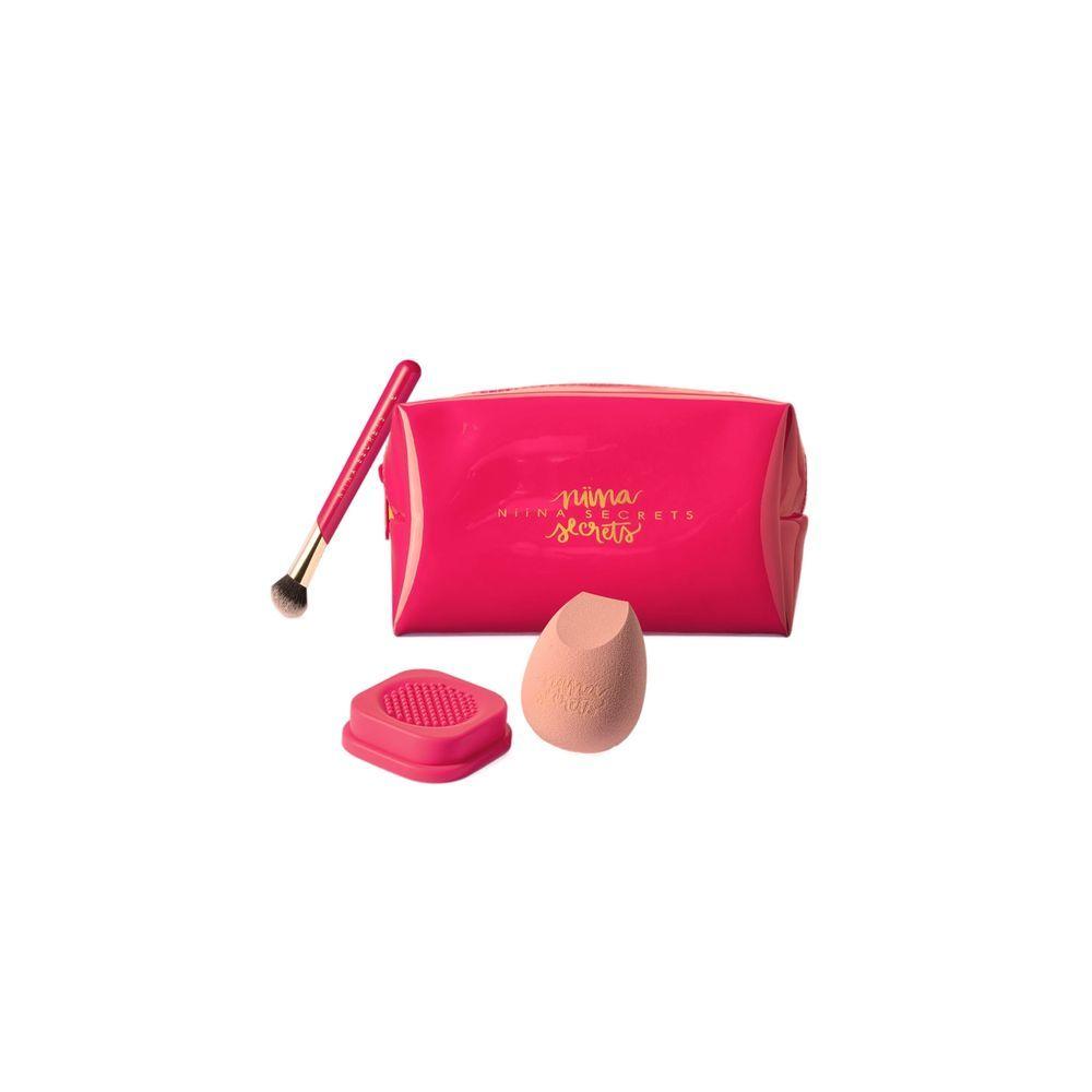 Miniatura Combo Niina Secrets: Esponja De Maquiagem + Pincel Multifuncional + Necessaire Rosa
