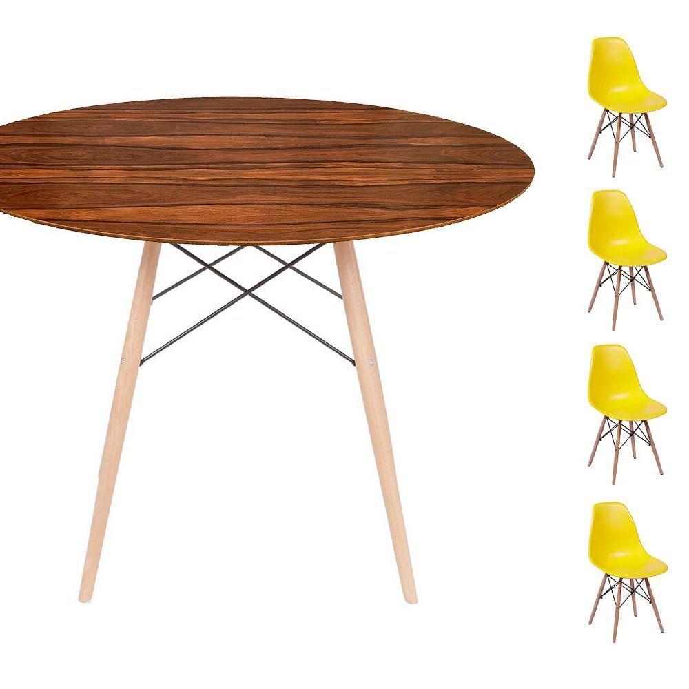 Miniatura Conjunto Mesa Eames Eiffel Dsw Redonda Pau Ferro 90cm + 4 Cadeiras Eames Dsw - Amarela