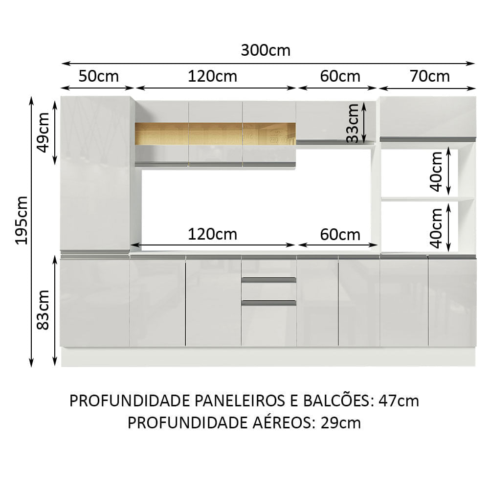 Miniatura Cozinha Completa 100% MDF Madesa Smart 300 cm Modulada Com Armário, Balcão e Tampo Frentes Branco Brilho Cor:Branco