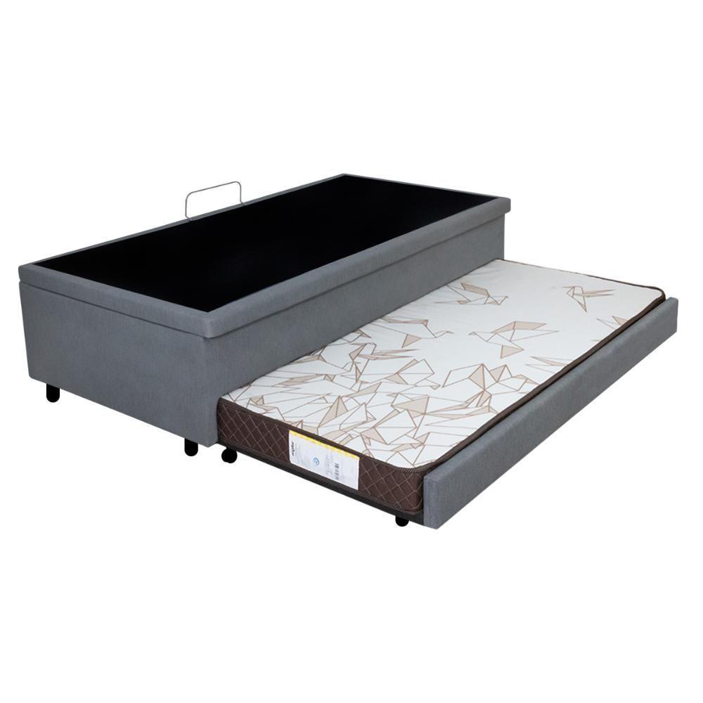 Miniatura Bicama Box Com Baú Solteiro 88x188 Com Colchão Auxiliar Linho Cinza