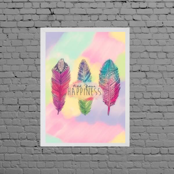 Miniatura Quadro Penas Find Your Hapiness 24X18Cm Moldura Branca