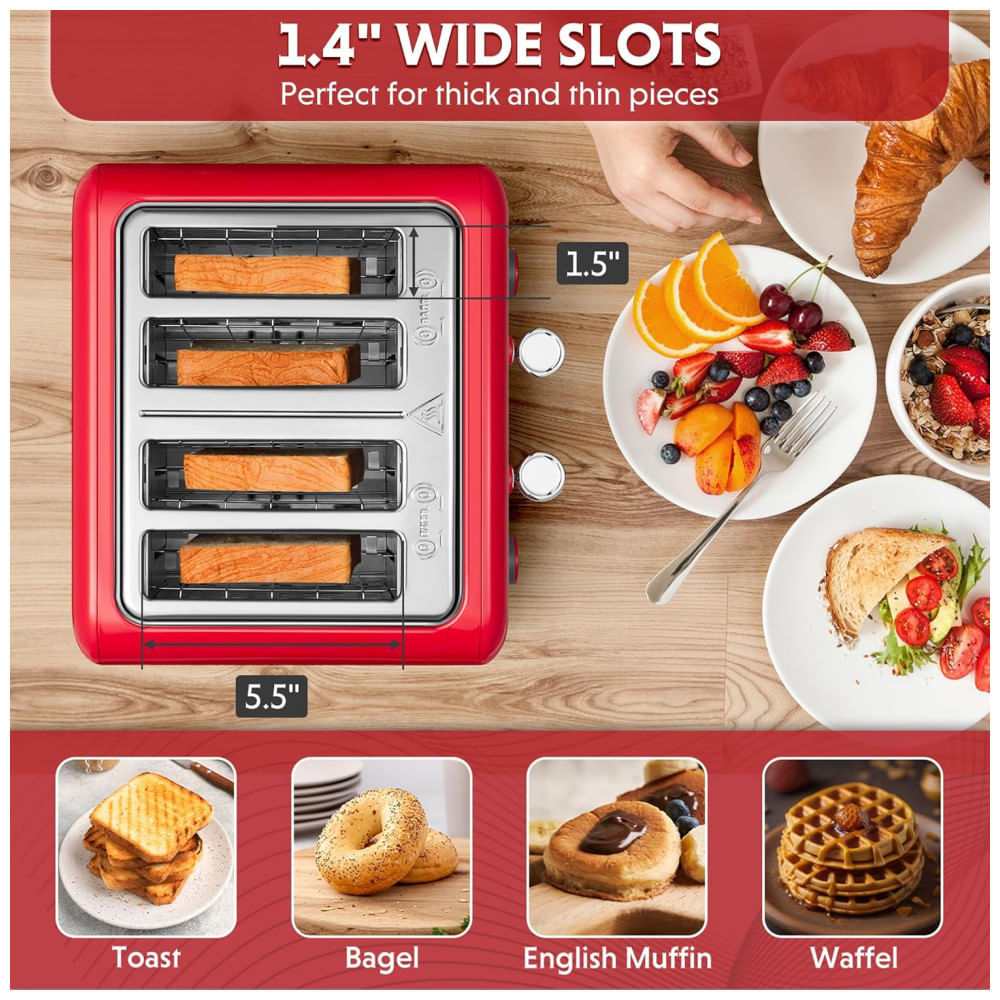 Miniatura Torradeira BUYDEEM DT640 4 Fatias, Slots Largos, Aço Inox, Alavanca Alta, Função Bagel e Muffin, Bandeja Removível - 110V
