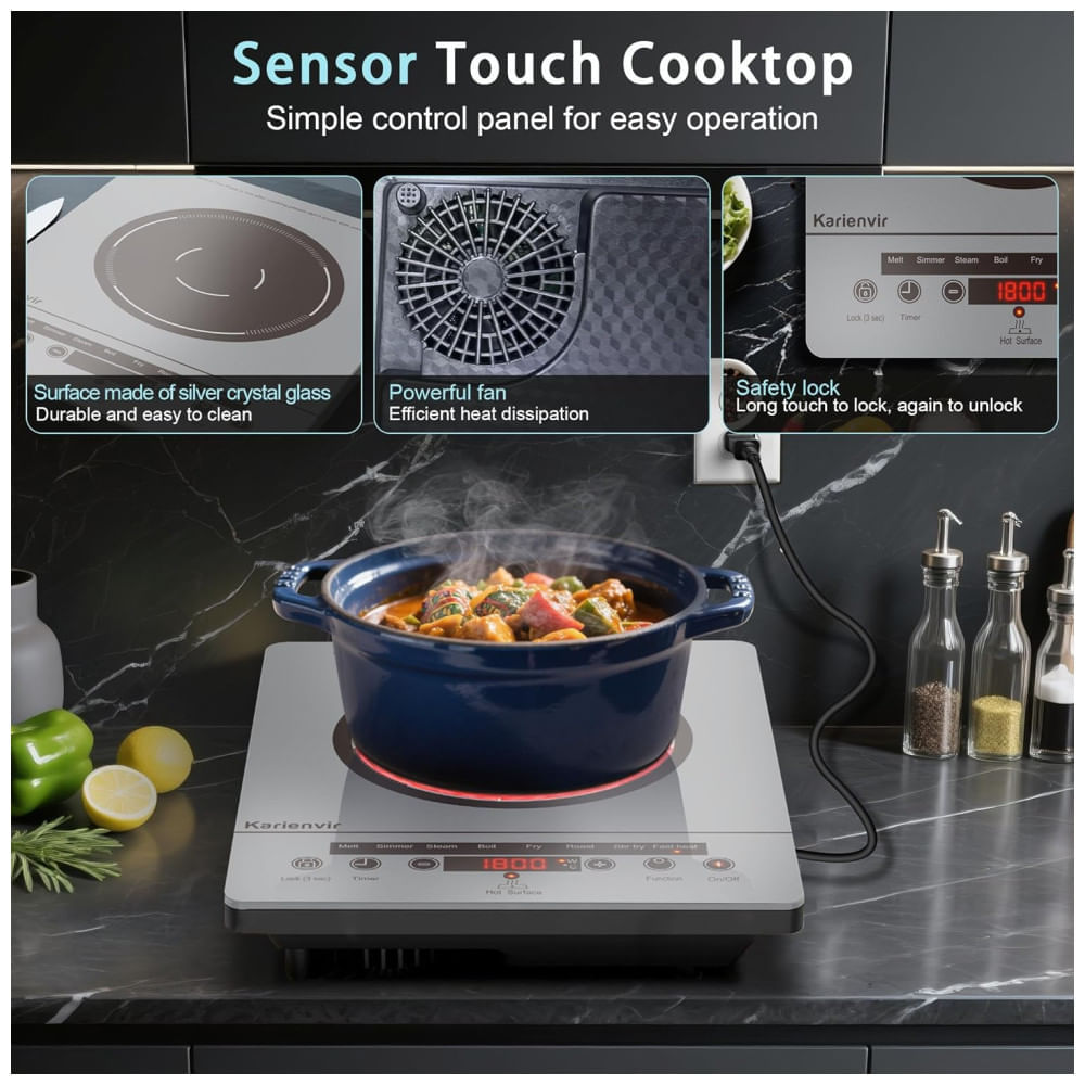 Miniatura Cooktop Elétrico de Uma Boca, Fogão Elétrico Portátil 110V, Controle por Toque, Trava de Segurança, Timer - Níveis de Potência, 1800W Cinza,Karienvir